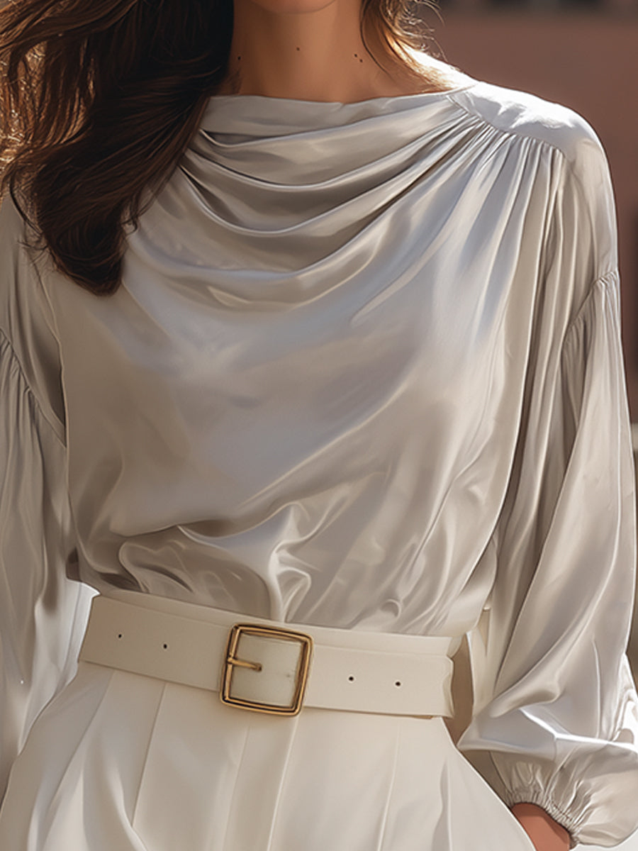 Elegant Draped Satin Blouse And High-Waist Belted Shorts Set