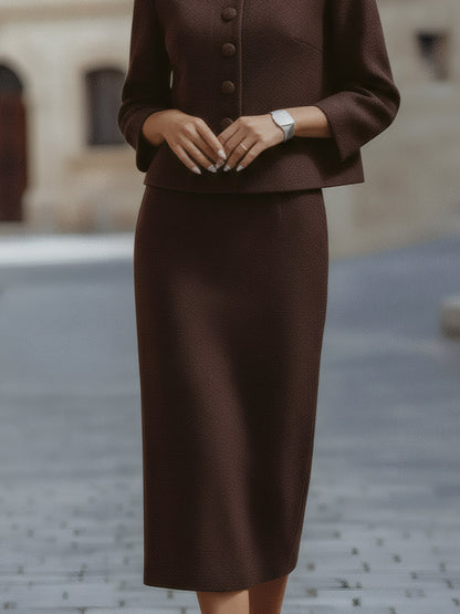 Deep Mocha Midi Skirt Suit With Stand Collar