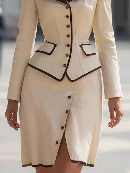 Elegant Off-Shoulder Contrast Trim Blazer Skirt Set
