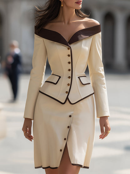 Elegant Off-Shoulder Contrast Trim Blazer Skirt Set